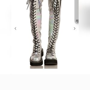 Holographic Lace-Up Knee-High Boots